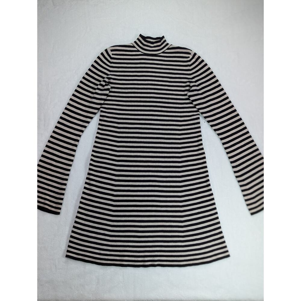 Express Size L Black & White Striped Knit Mock Neck Long Bell Sleeve Mini Dress